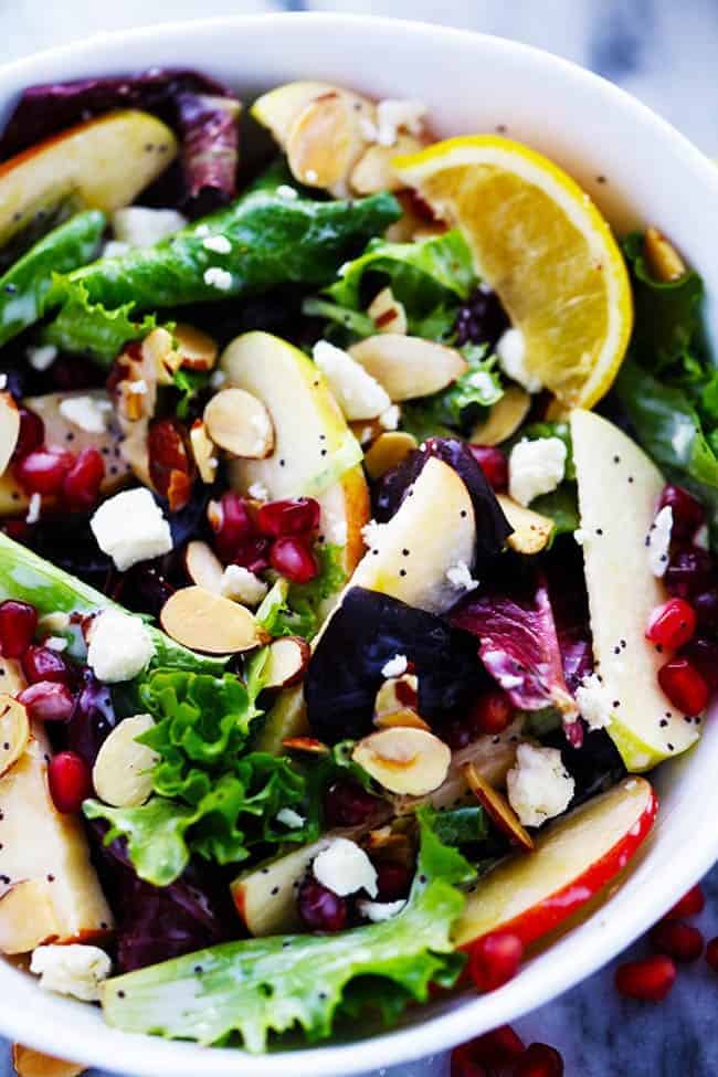 Apple Pomegranate Almond Salad with a Creamy Lemon Poppyseed Dressing in a white bowl. 