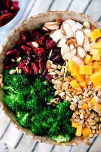 A delicious, simple, and quick lemon poppyseed broccoli salad. Broccoli, dried cranberries, sunflower seeds, sharp cheddar cheese, and sliced almonds with a delicious creamy lemon poppyseed dressing.