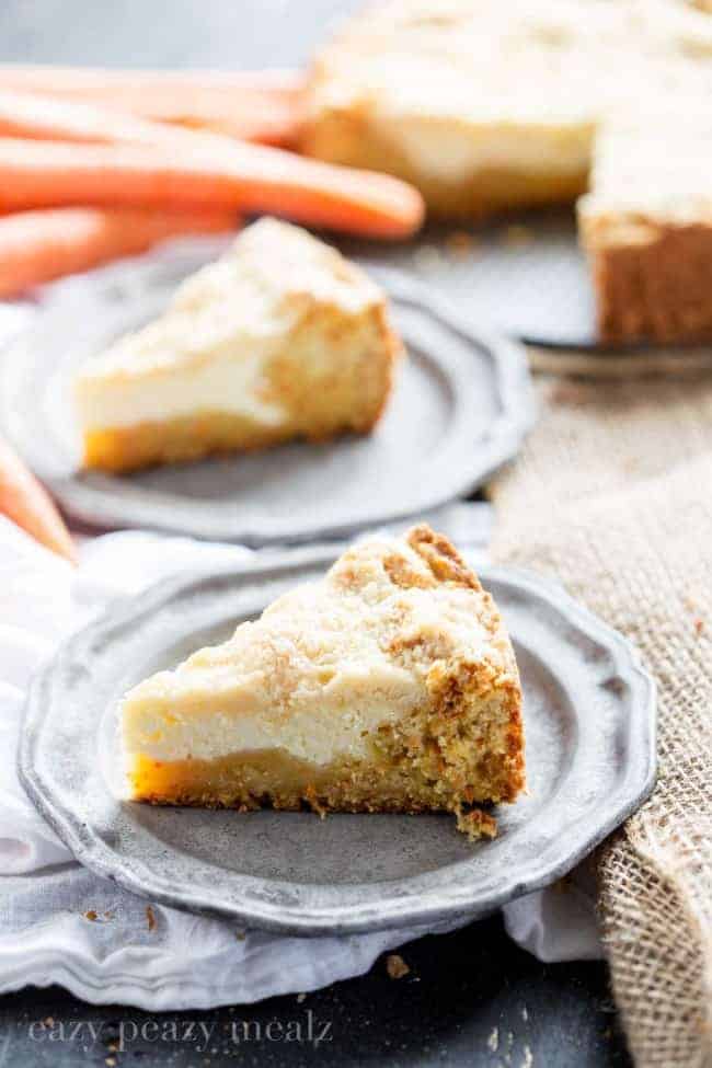 carrot coffee cake, Carrot cake base, cream cheese filling, and a crumb topping. So yummy you won’t want to share!