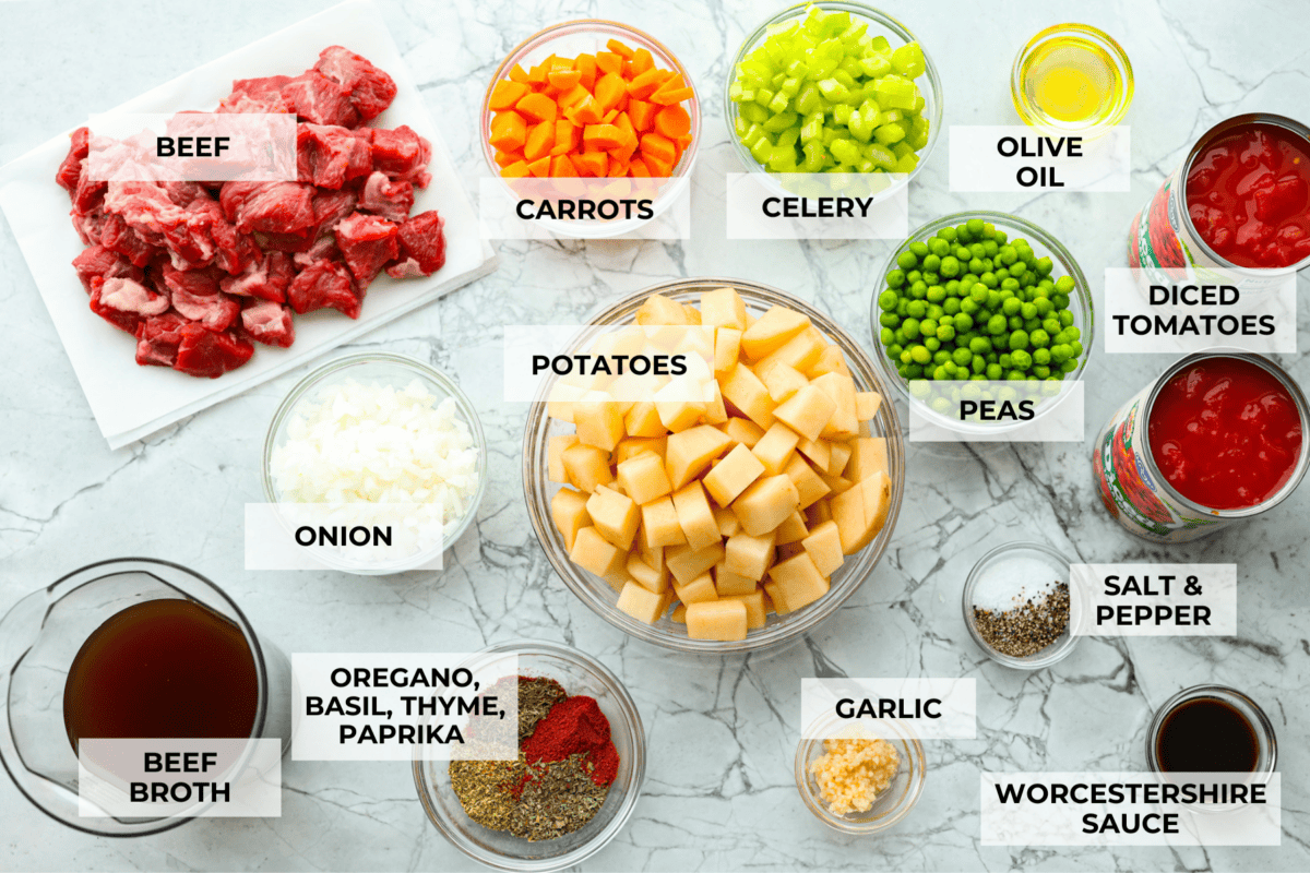 Ingredients labeled to make vegetable beef soup.