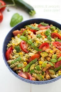 Simple Roasted Corn, Zucchini, and Avocado Pasta Salad