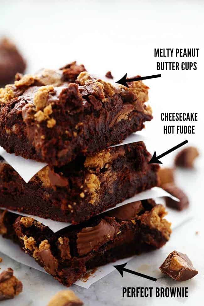 Hot Fudge Peanut Butter Cup Cheesecake Brownies stacked on top of one another with parchment paper in between them and descriptions of the different layers of the brownie.