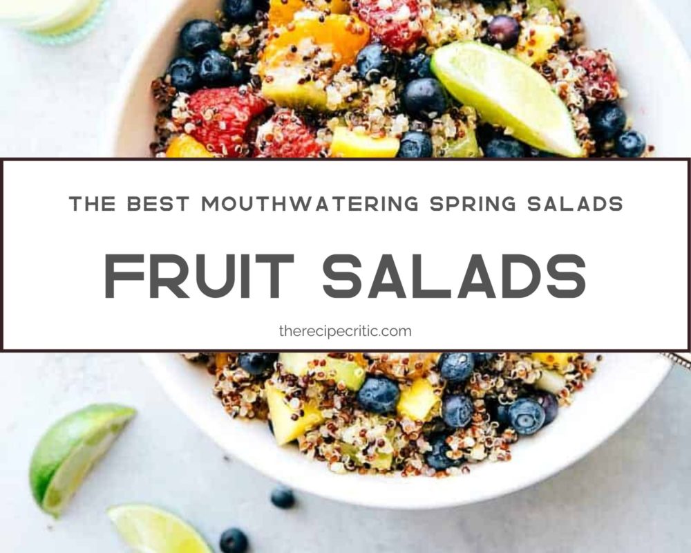 Fruit salad photo with fruity quinoa salad behind lettering. 