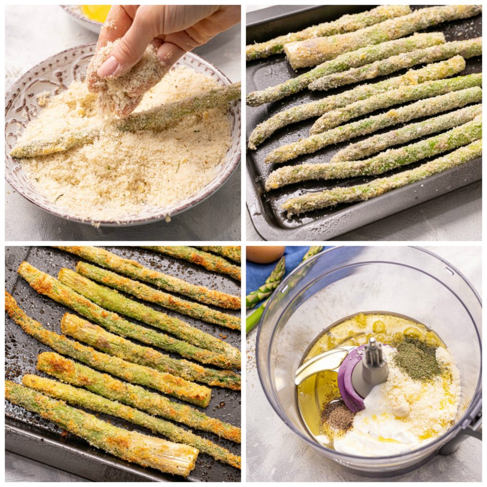 The process of making the Parmesan Herb Asparagus Fries from the coating of the asparagus to making the creamy Greek Yogurt Ranch. 