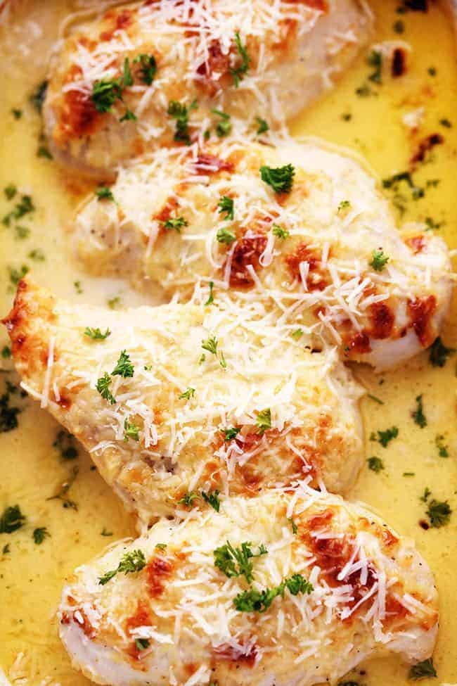 Close up of creamy baked asiago chicken. 