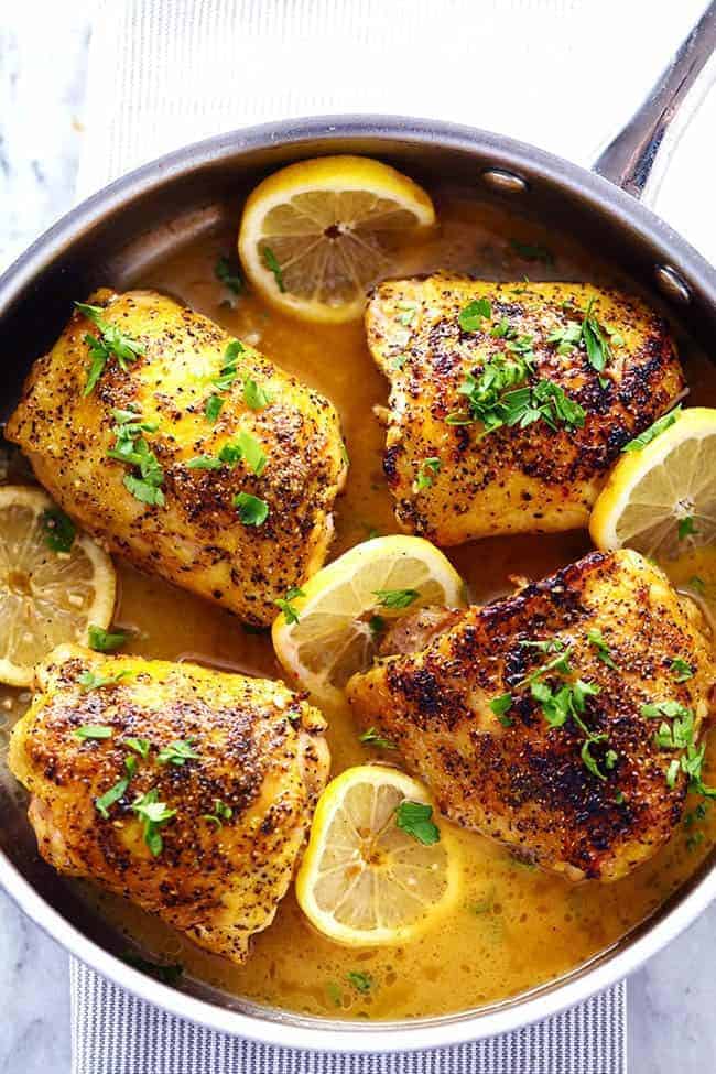 Lemon Pepper Chicken with a Brown Butter Garlic Lemon Sauce in a large pan. 