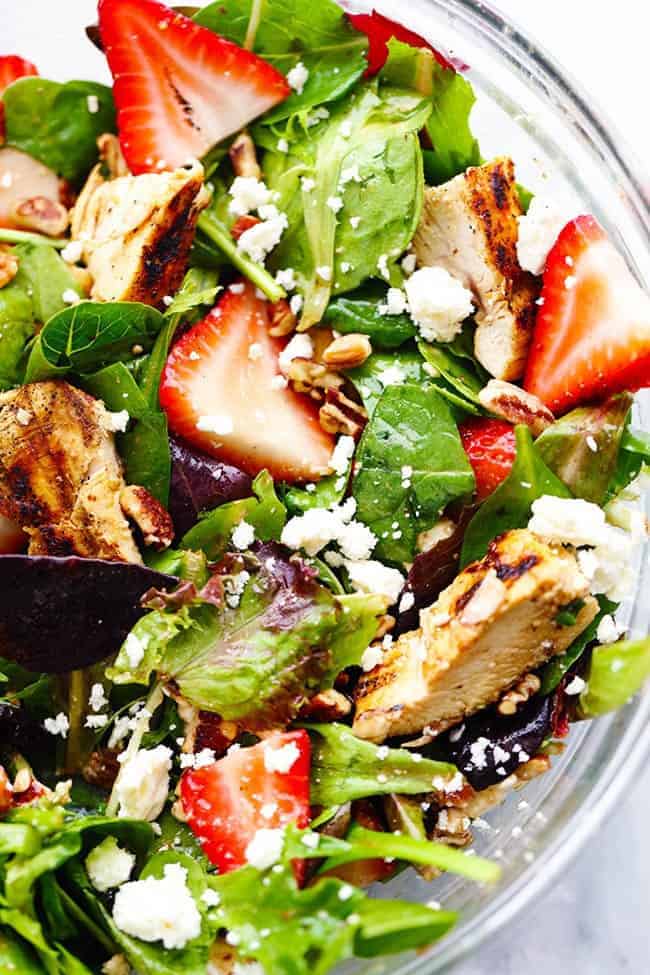 Strawberry Balsamic Chicken Salad in a clear bowl. 