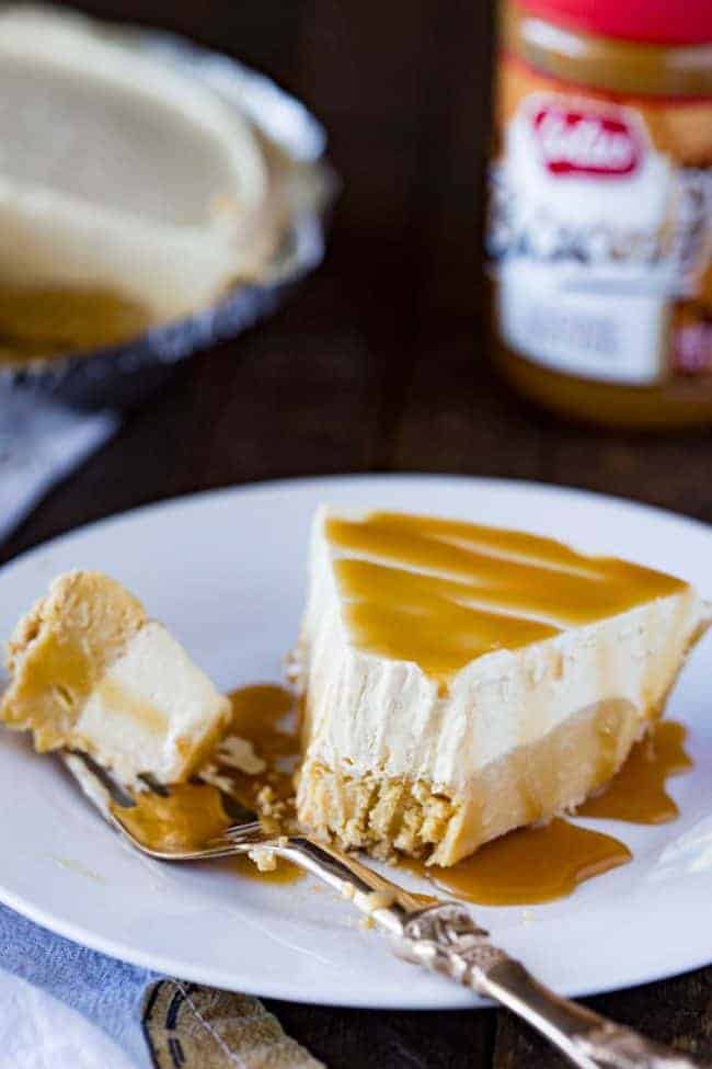 Cookie Butter Frozen Pie with a fork removing a bit. 