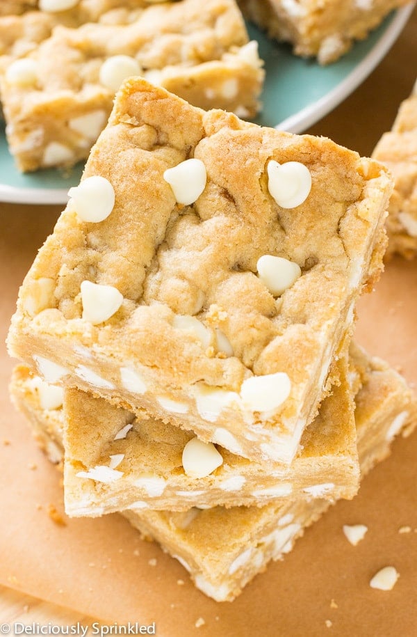 White Chocolate Blondies stacked on top of one another. 