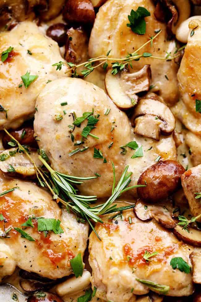 Close up photo of Creamy Garlic Herb Mushroom Chicken. 