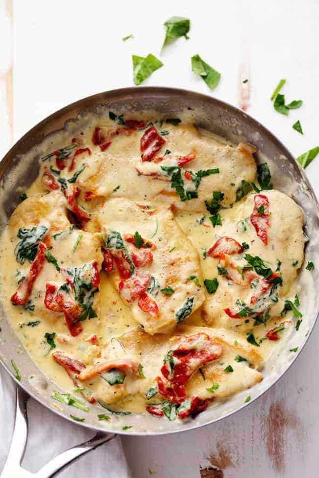 Overhead photo of Creamy Tuscan Garlic Chicken in a large frying pan. 