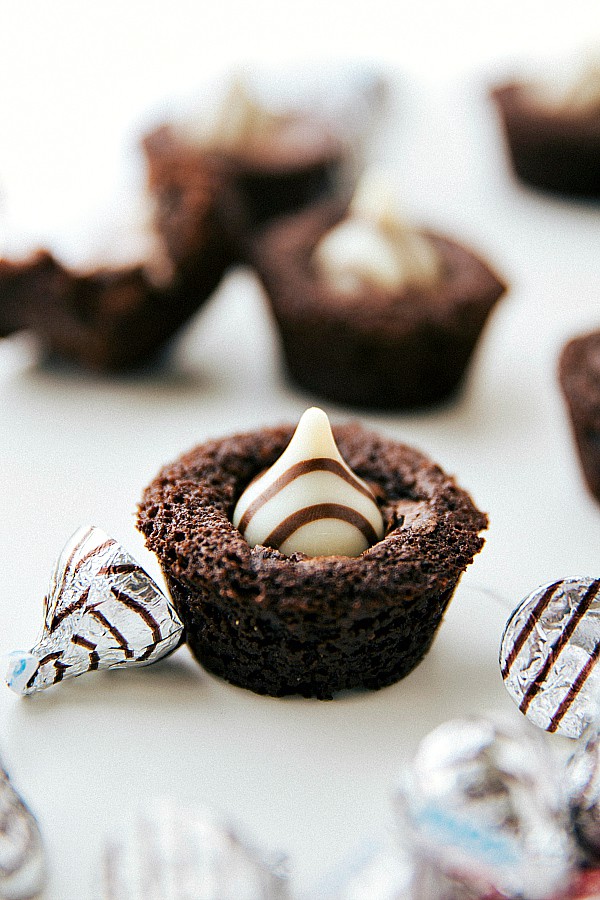 Chocolate Filled Mini Brownie Bites with Hersey's Hugs on the side. 