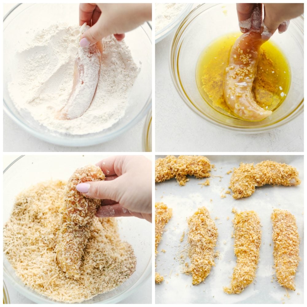 Chicken tenders being put in flour, then a buttery oil mixtures and lastly added to a panko and parmesan mixture then placed on a baking sheet. 