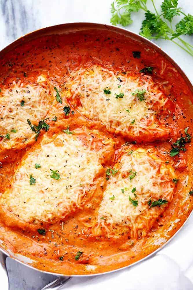 Creamy Tomato Italian Parmesan Chicken in a large pan. 