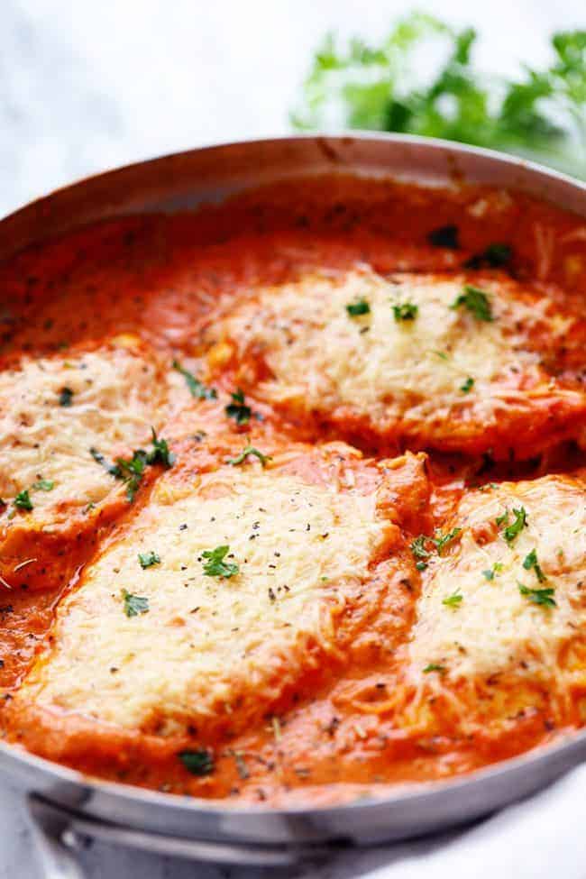 Creamy Tomato Italian Parmesan Chicken in a large pan. 