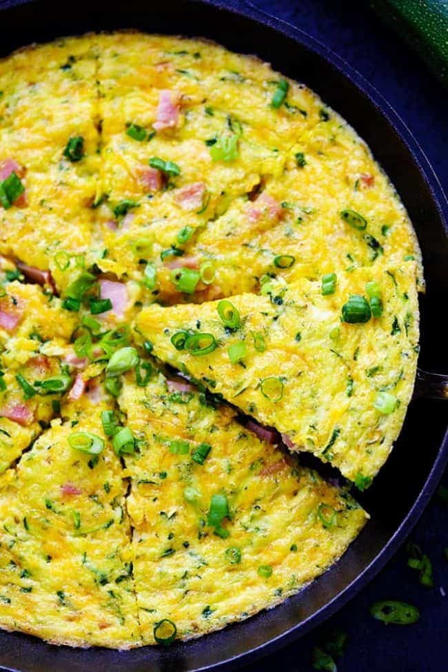 Ham and Cheddar Zucchini Frittata in a large pan. 