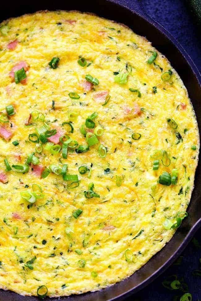 Close up of Ham and Cheddar Zucchini Frittata in a pan. 