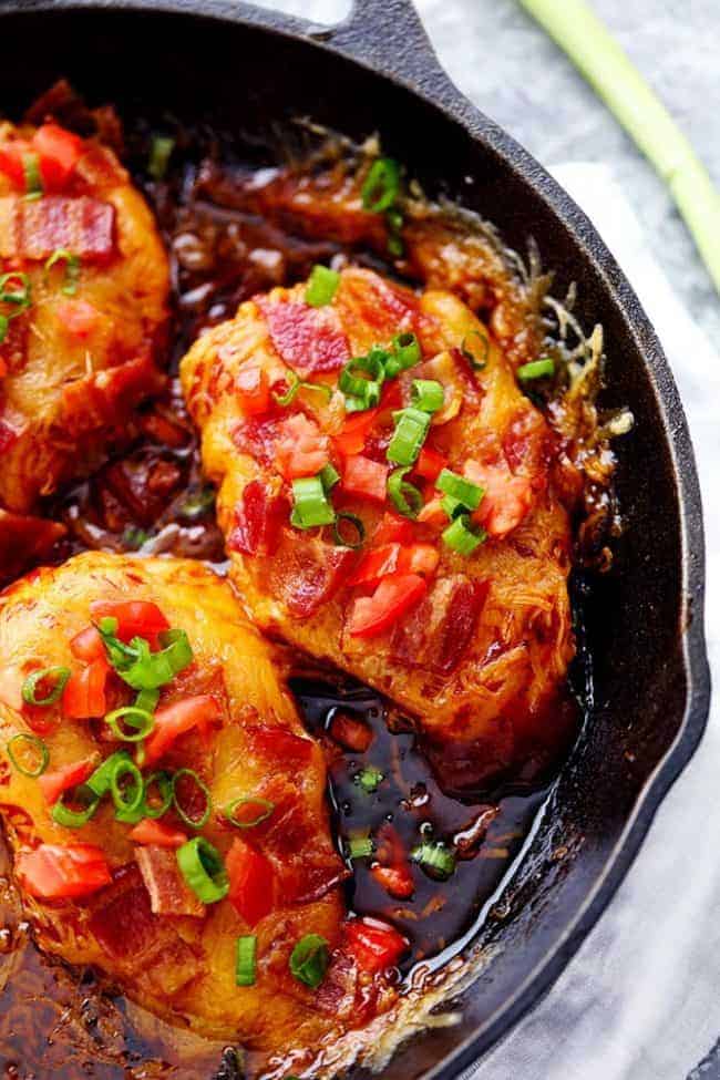 Skillet Monterey Chicken in a black skillet. 