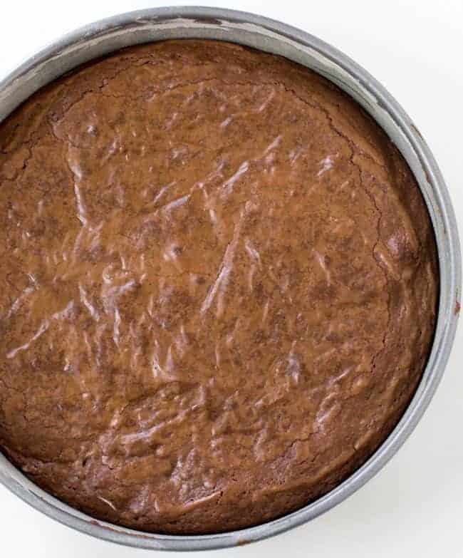 Cooked brownie in a round cake pan. 