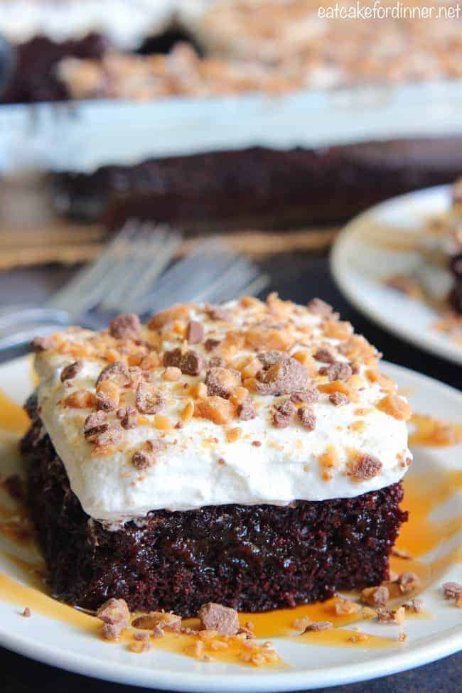 Better than Anything Zucchini Cake on a white plate. 