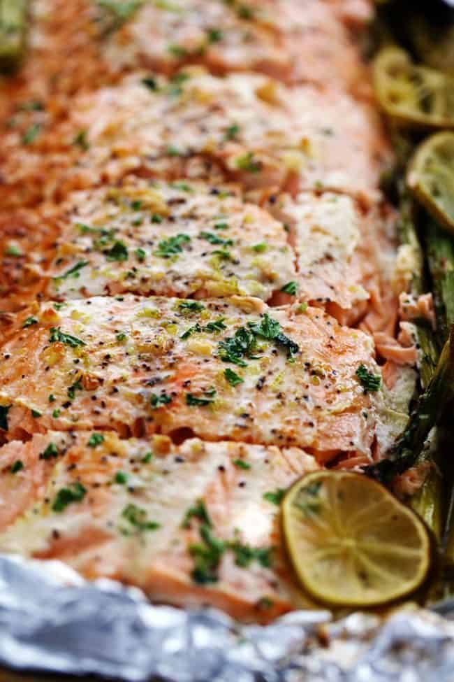 Close up of Buttery Garlic Lime Salmon with Asparagus in Foil. 