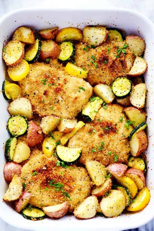 One Pan Crispy Parmesan Garlic Chicken with Vegetables