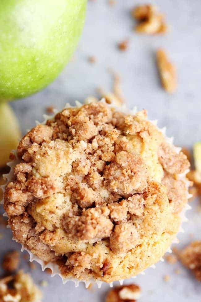 Overhead shot of an apple cream cheese muffin.