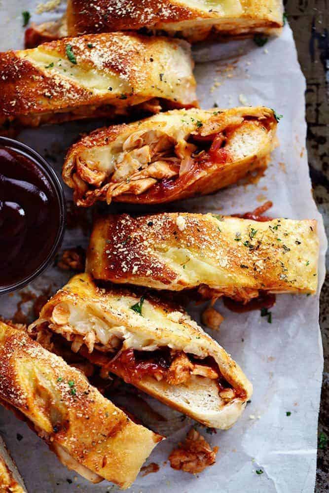 BBQ Chicken Stromboli cut into slices. 