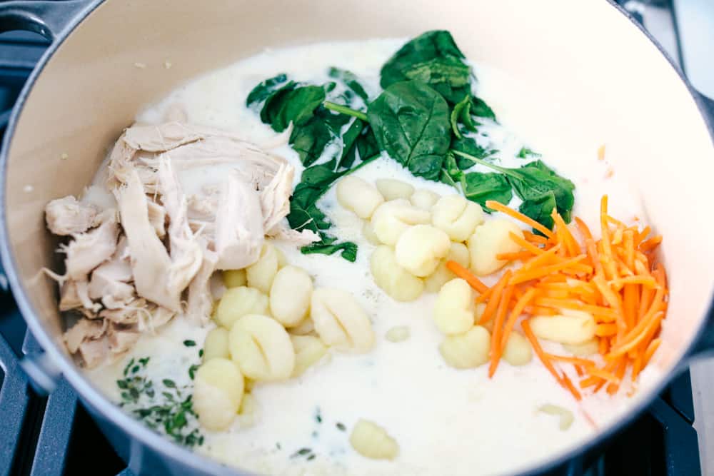 The ingredients in chicken gnocchi soup. 