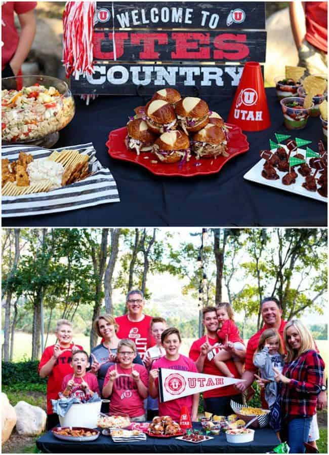 Zwei Fotos zusammen, eines übereinander.  Das obere Foto ist ein Foto mit Dips, Salat und Vorspeisen mit den süßen Carolina Pulled Pork Slidern in der Mitte des Tisches.  Das zweite Foto unten zeigt unsere Familie ganz in Utah-Kleidung und roter Farbe, um das große Footballspiel zu feiern. 