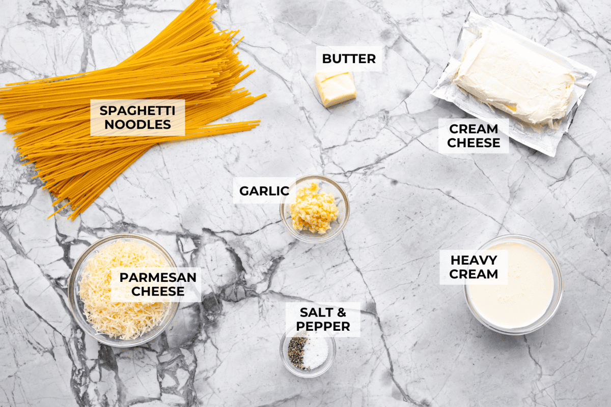 Creamy Parmesan Pasta Roni uses just 6 ingredients and one pan! It's loaded with creamy parmesan sauce and perfectly cooked al denta noodles. Your whole family will go crazy over this delicious, quick, easy meal. Overhead shot of labeled ingredients.