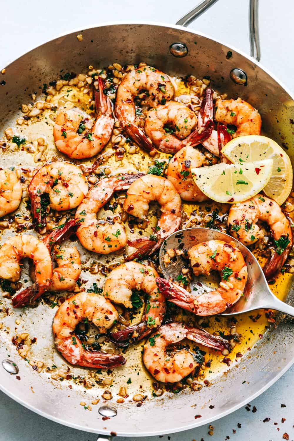 Brown Butter Spicy Garlic Shrimp in a pot.