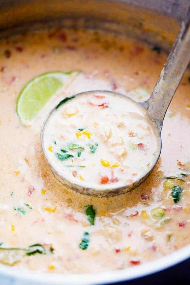Mexican chicken corn chowder on the stove top.
