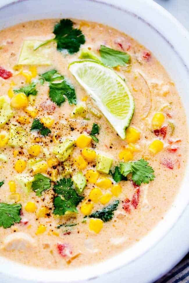 Mexican chicken corn chowder in a bowl. 