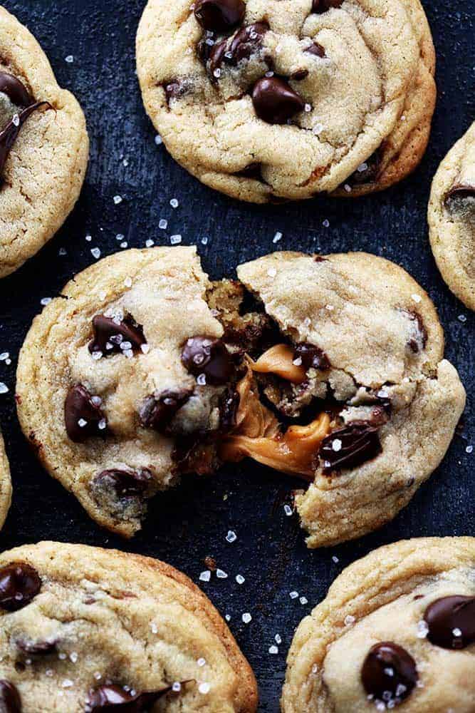 Salted Caramel Stuffed Chocolate Chip Cookies 