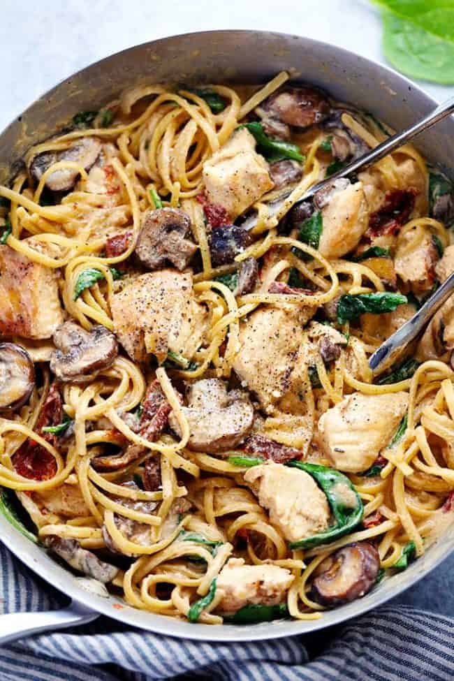 One pot creamy chicken mushroom Florentine and agreeable with tongues in the noodles. 