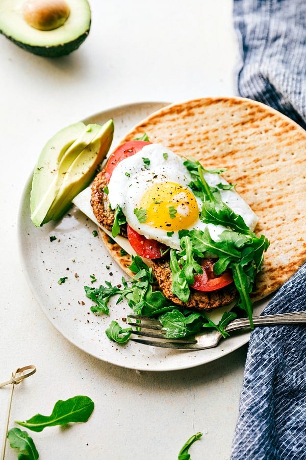 Breakfast Pitas with Chicken Sausage on a white plate.