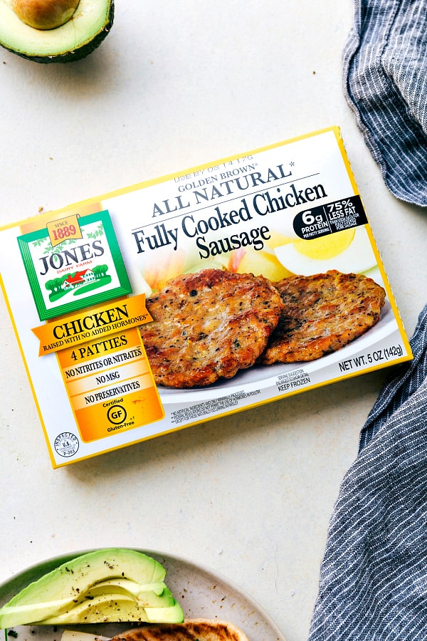 Fully cooked chicken sausage in a box.