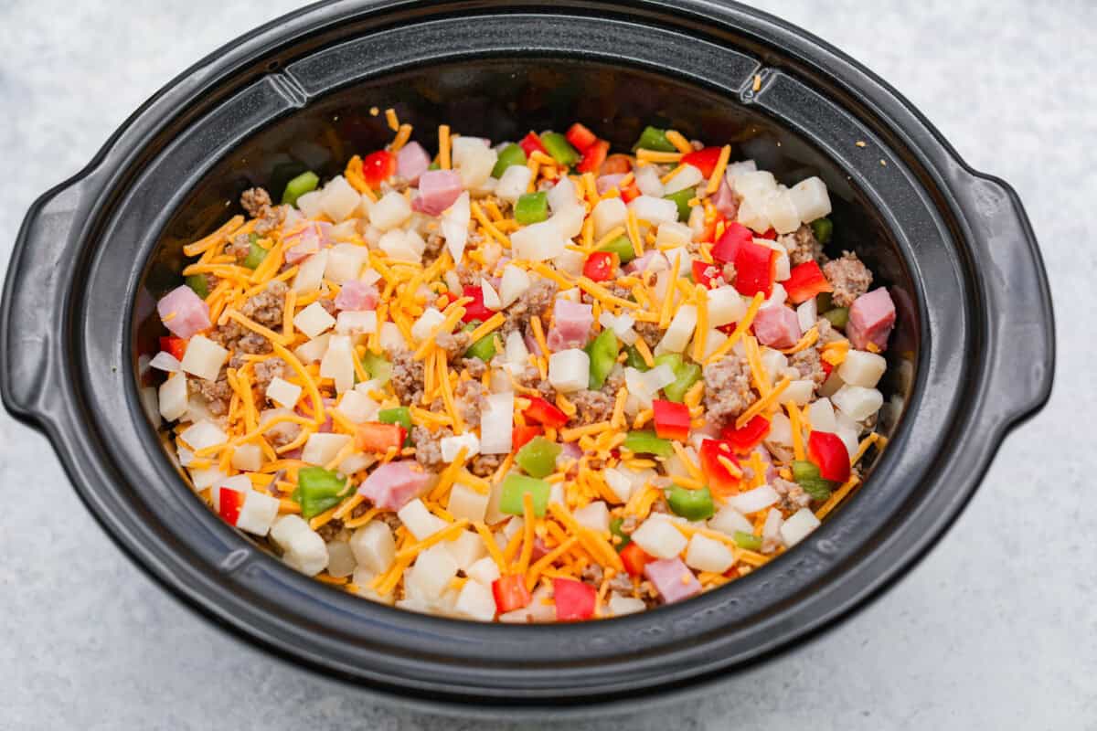 Overhead shot of the ingredients mixed together in the crock pot. 