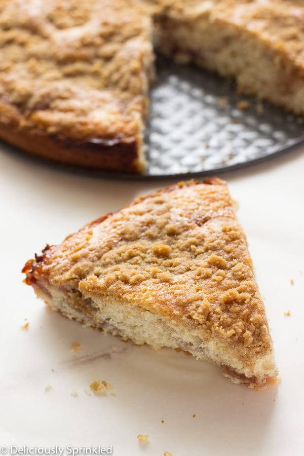 Strawberry Jam Crumb Cake sliced and sitting on the outside of the pan. 