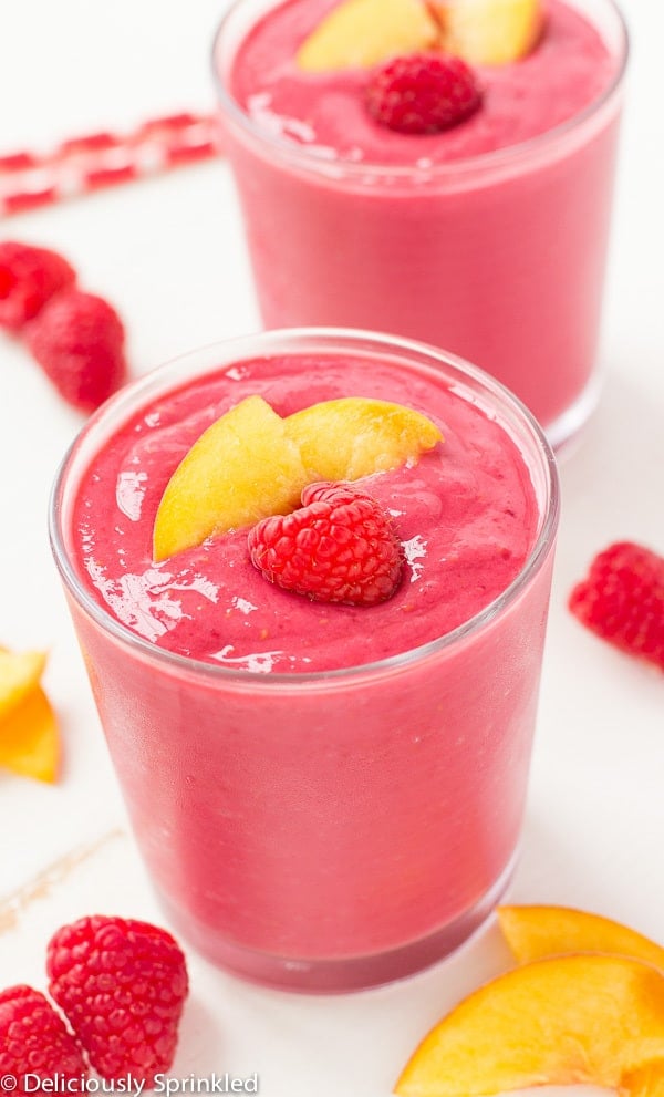 Raspberry Peach Smoothie in a glass.