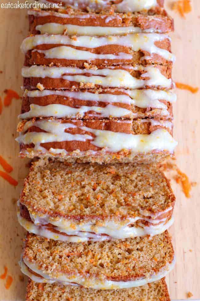 Whole wheat carrot cake bread slices.