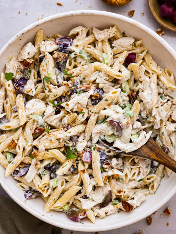 Overhead shot of healthy chicken pasta salad.