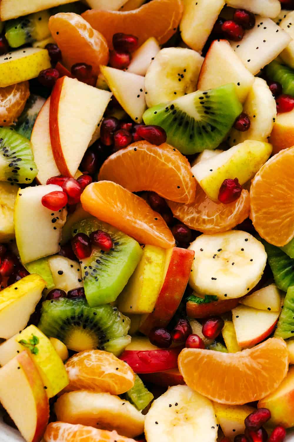 Close up of kiwi, apples, oranges, pomegranates and honey lime dressing. 