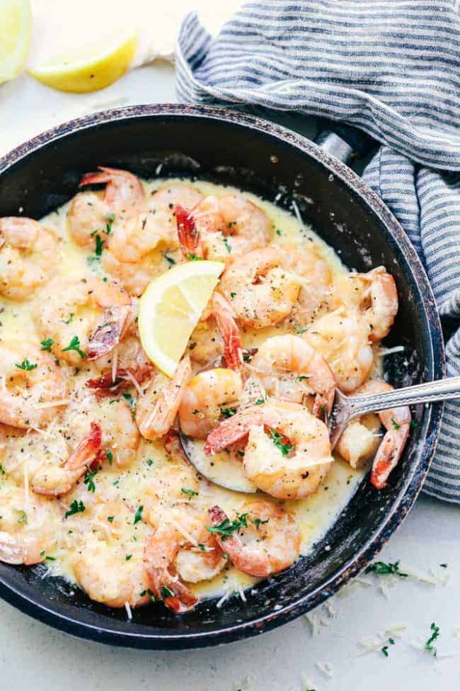 Creamy Parmesan Garlic Shrimp Pasta in a saute pan.