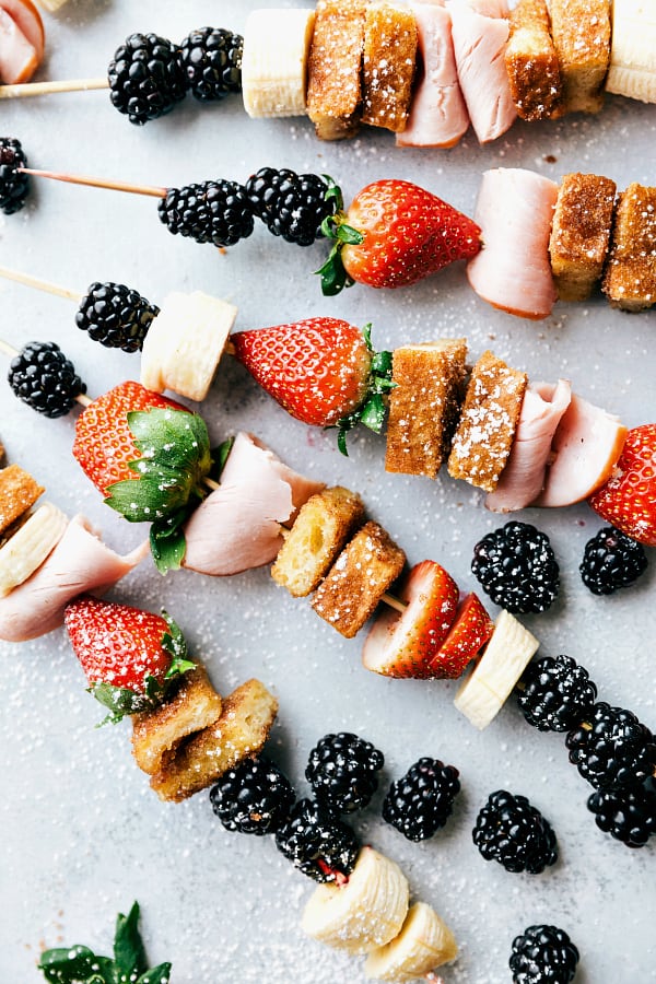 Canadian Bacon and French Toast Kabobs laid on a table.
