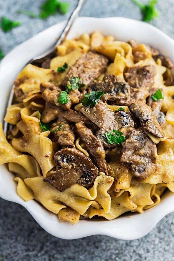 one pot beef stroganoff in a bowl.