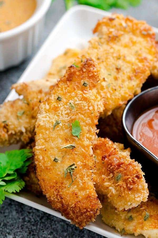Oven Fried Chicken Tenders on a white plate