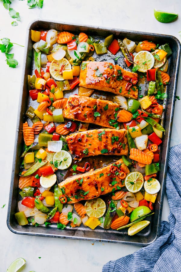Sheet Pan Thai Glazed Salmon with Vegetables finished out of the oven.