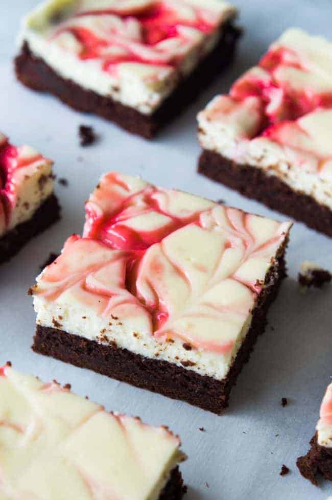 Strawberry Cheesecake Brownies in rows.